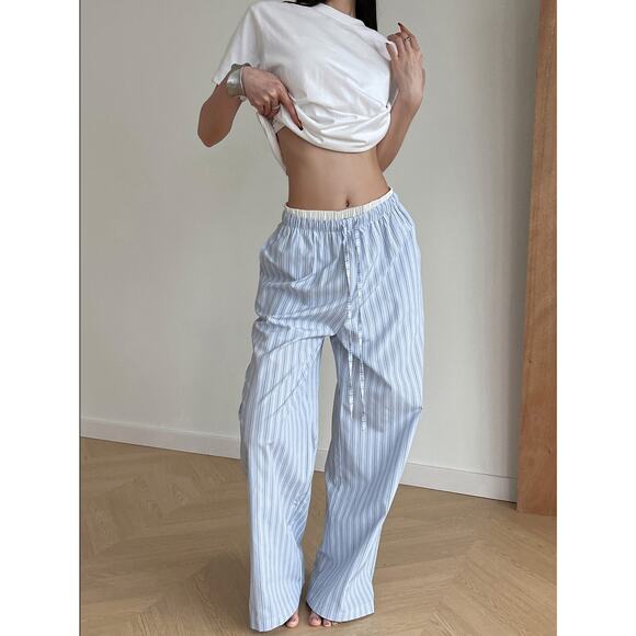 Commense Stripe Casual Loose Double Waisted Tie Front Pants Lounge Blue Stripe M - Picture 1 of 7
